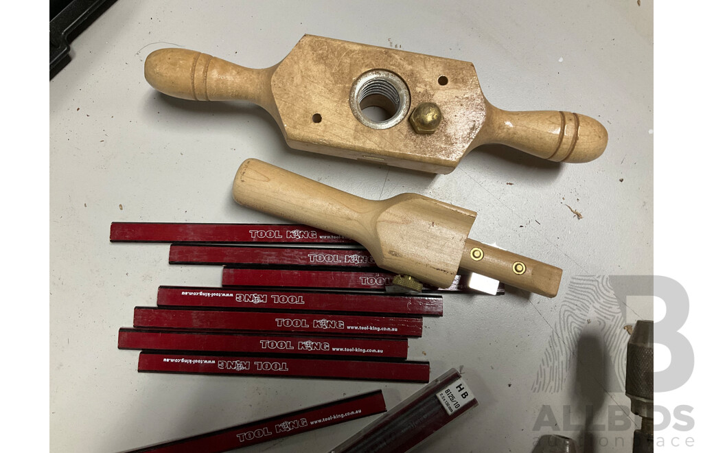 Collection of Wood Working Hand and Crank Drills, Scribe, Thread Box and Pencils Including Stanley