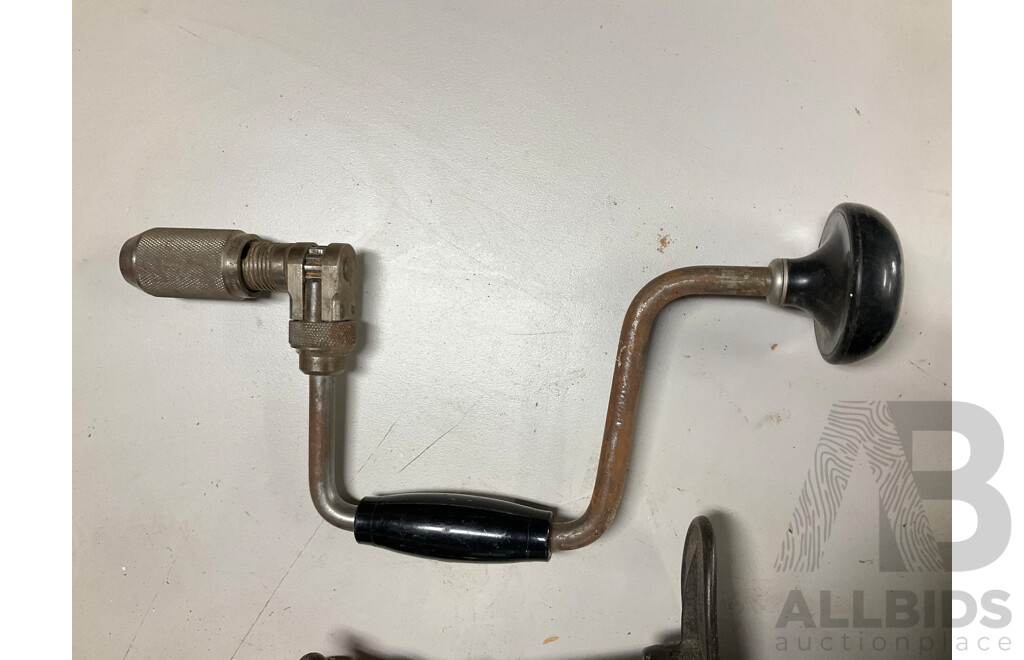 Collection of Wood Working Hand and Crank Drills, Scribe, Thread Box and Pencils Including Stanley