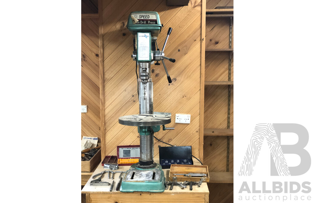 Vintage ET-16 Glentanner 12 Speed 16mm Drill Press with Vintage Hole Punchers and Socket Sets