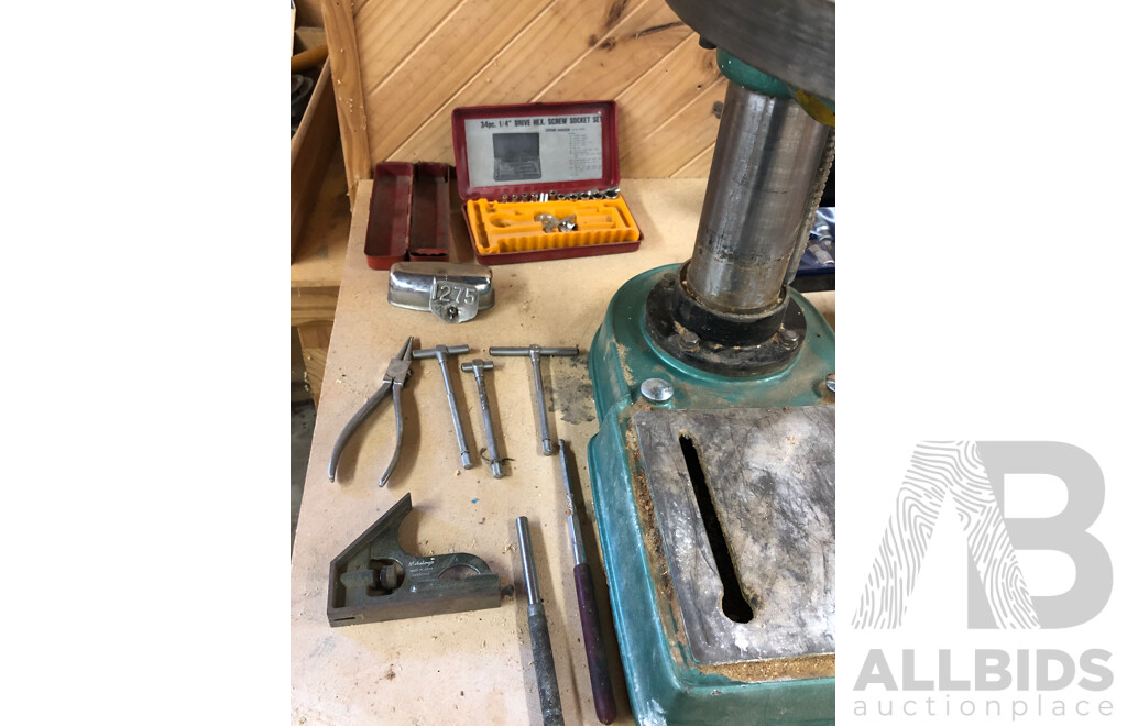 Vintage ET-16 Glentanner 12 Speed 16mm Drill Press with Vintage Hole Punchers and Socket Sets