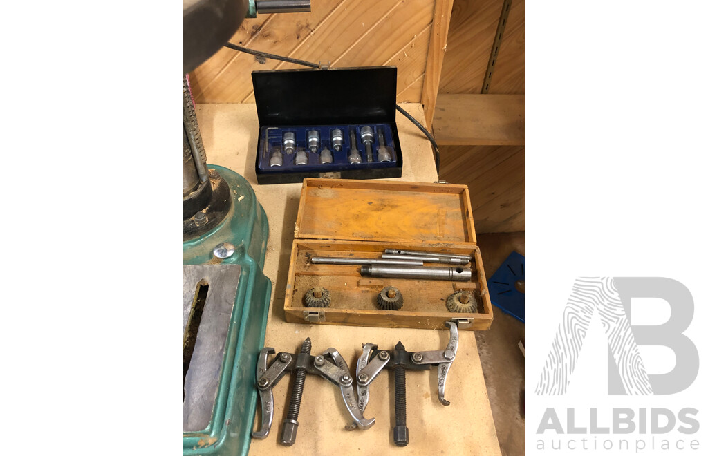 Vintage ET-16 Glentanner 12 Speed 16mm Drill Press with Vintage Hole Punchers and Socket Sets