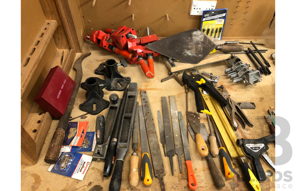 Large Collection of Hand Tools Including but Not Limited to Files, Corner Vices, Trowels, Chisels and Saws