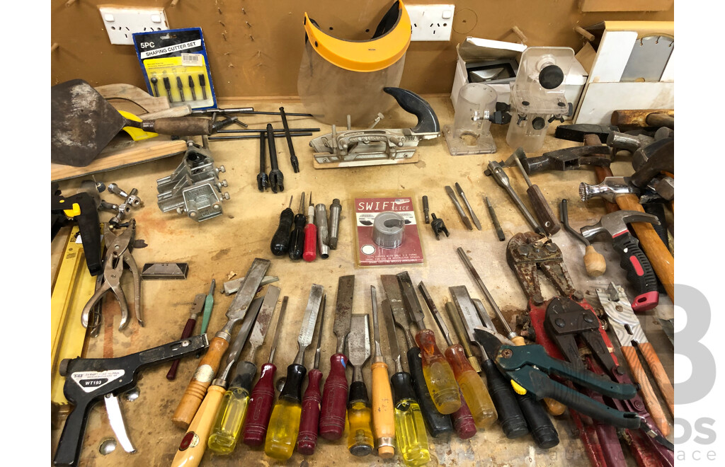 Large Collection of Hand Tools Including but Not Limited to Files, Corner Vices, Trowels, Chisels and Saws