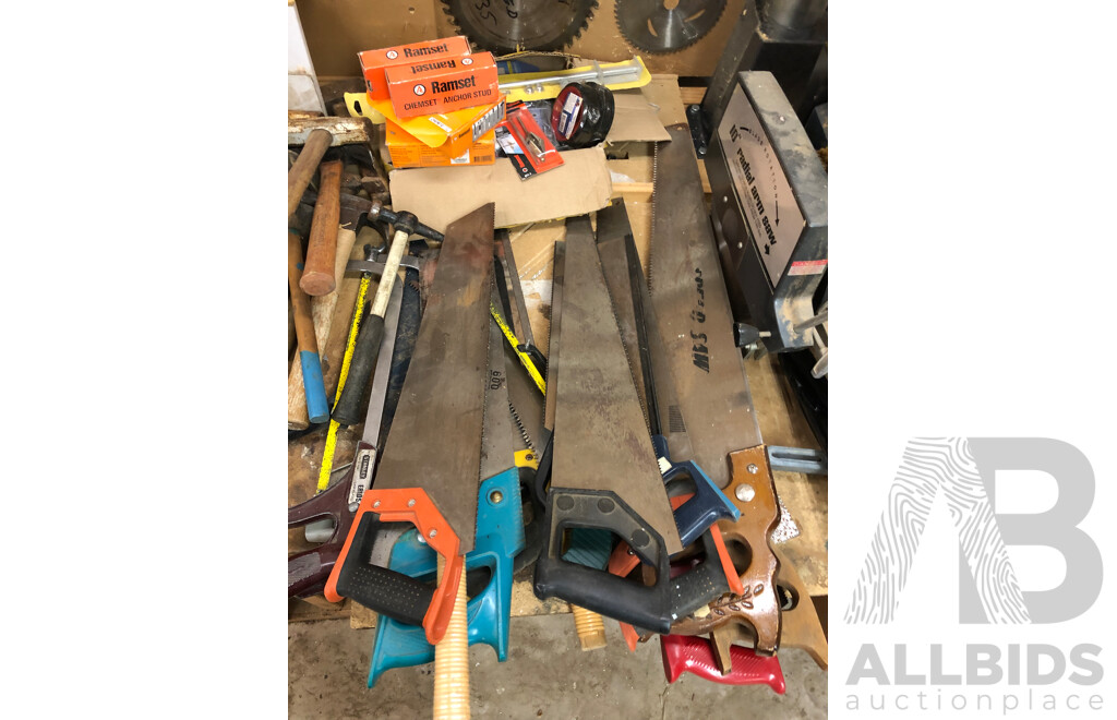 Large Collection of Hand Tools Including but Not Limited to Files, Corner Vices, Trowels, Chisels and Saws