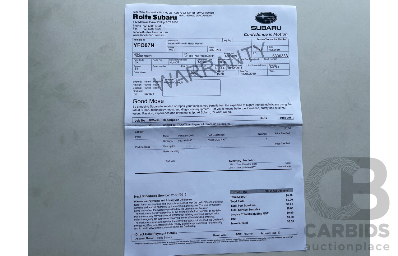 1/2009 Subaru Impreza RS (awd) MY09 5d Hatchback Grey 2.0L