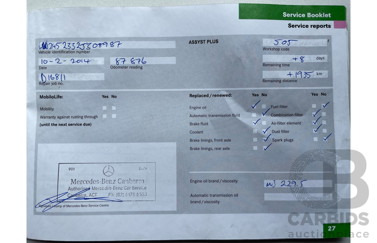 1/2008 Mercedes-Benz B200  245 08 UPGRADE 5d Hatchback Silver 2.0L