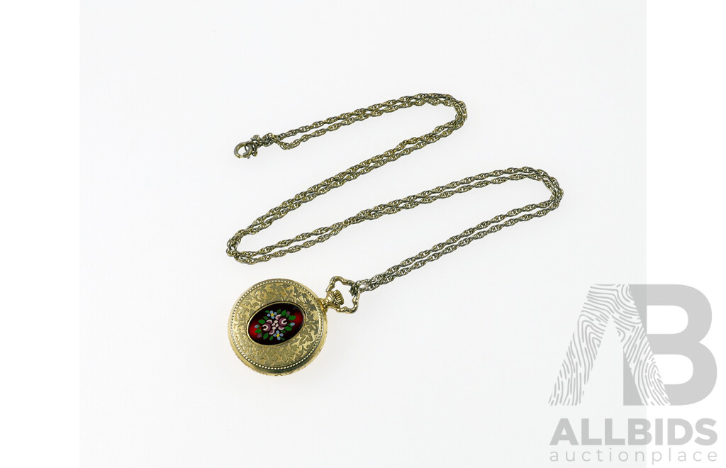Royce Vintage Pendant Watch & 70cm Chain, Gold Plated with Stunning Enamel Rose Design, 28mm Diameter