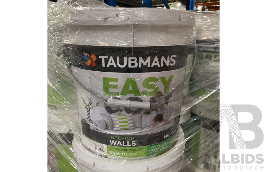 TAUBMANS Easy Coat Semi Gloss White for Interior Walls 15L - Lot of 9 - Estimated Total ORP $1710.00