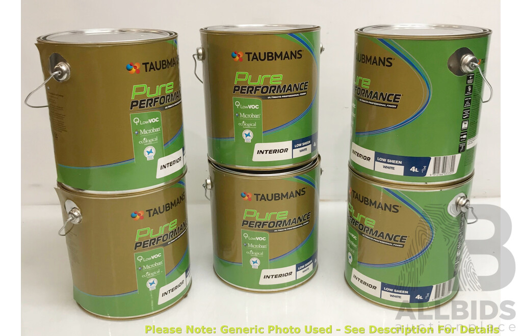 TAUBMANS Pure Performance Low Sheen White for Interior 4L - Lot of 6 - Total ORP $510.00