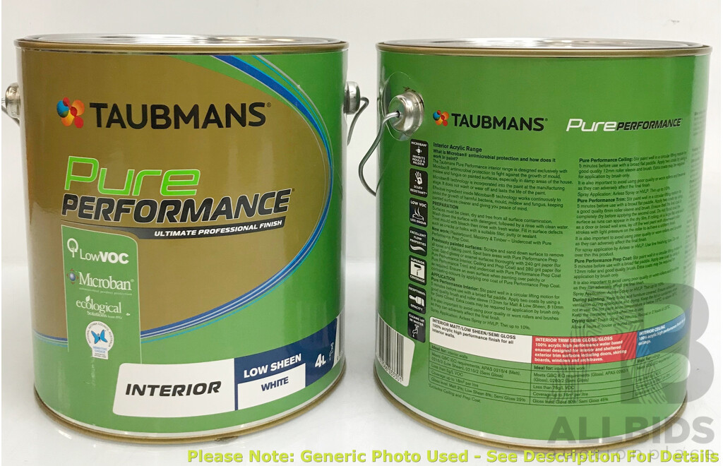 TAUBMANS Pure Performance Low Sheen White for Interior 4L - Lot of 6 - Total ORP $510.00