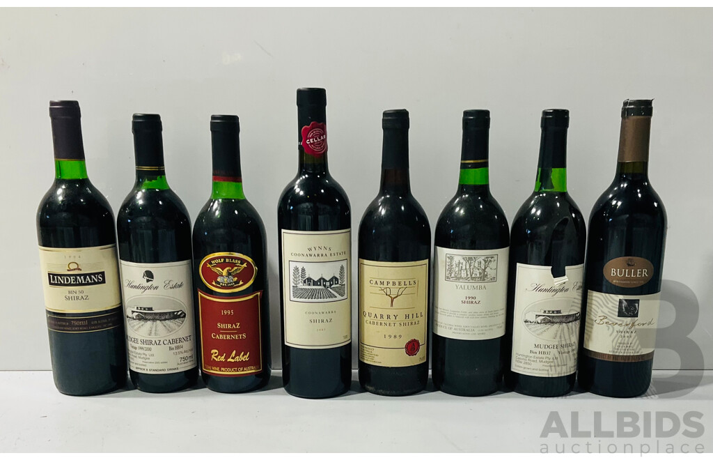 Collection of Eight Bottles of Shiraz and Cabernet Shiraz Including Bottles From Huntington Estate, Wolf Blass and More