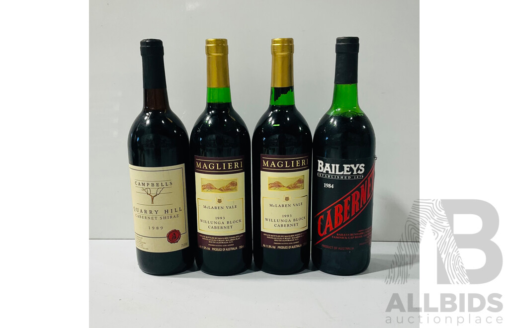Collection of Four Bottles of Cabernet and Cabernet Shiraz From McLaren Vale, Quarry Hill and Baileys