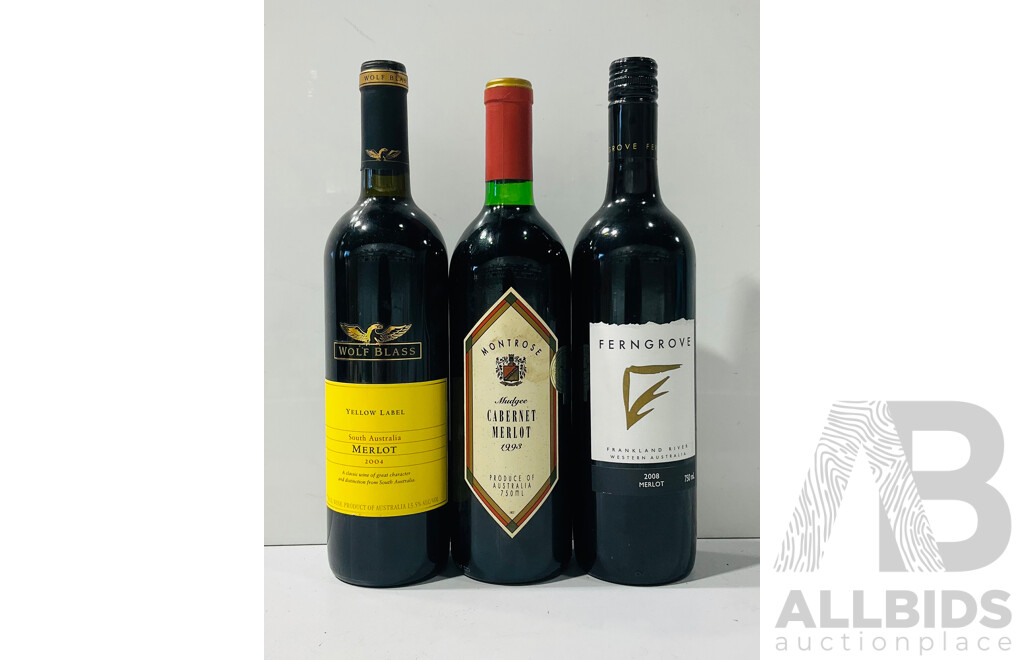 Collection of Three Bottles of Merlot and Cabernet Merlot From Montrose, Ferngrove and Wolf Blass
