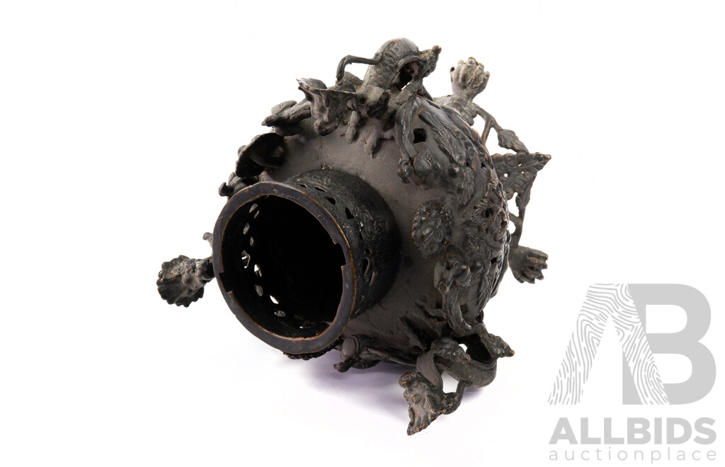 Vintage Asian Bronze Three Footed Censer with Three Dragons Decoration