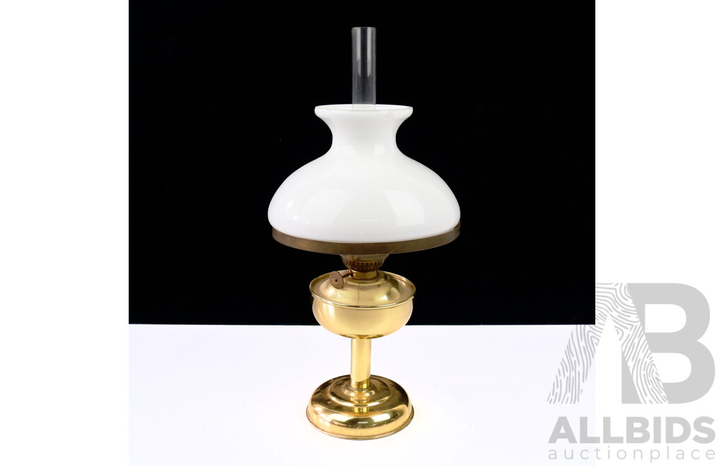 Vintage Brass Based Table Oil Lamp with Milk Glass Shade and Glass Chimney