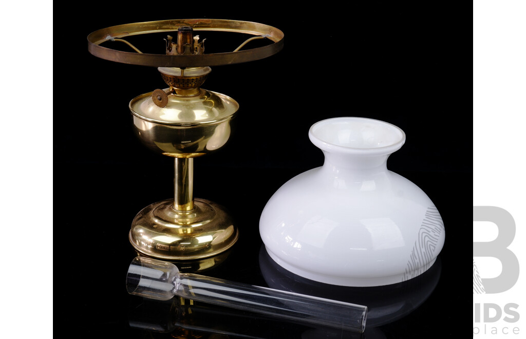 Vintage Brass Based Table Oil Lamp with Milk Glass Shade and Glass Chimney