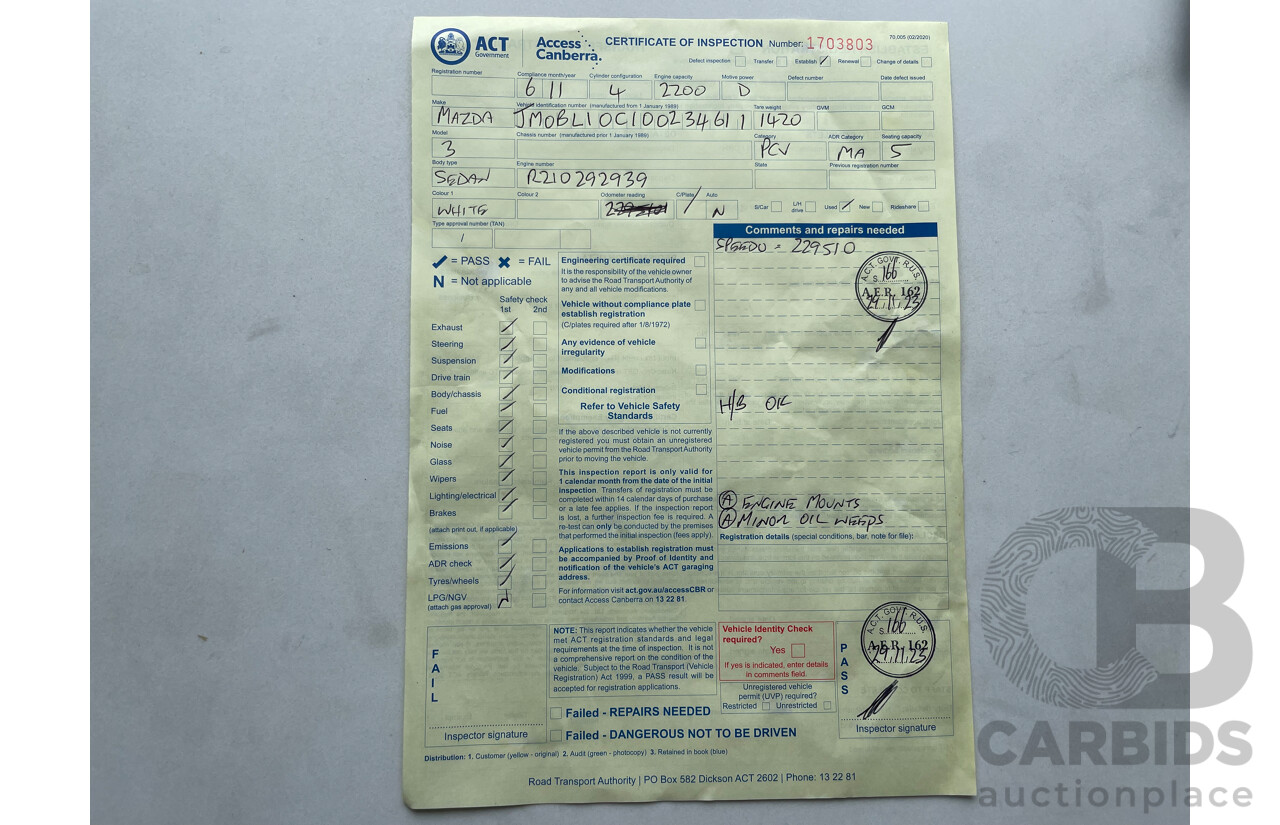 6/2011 Mazda Mazda3 Diesel MZR-CD BL 11 UPGRADE 4d Sedan White 2.2L