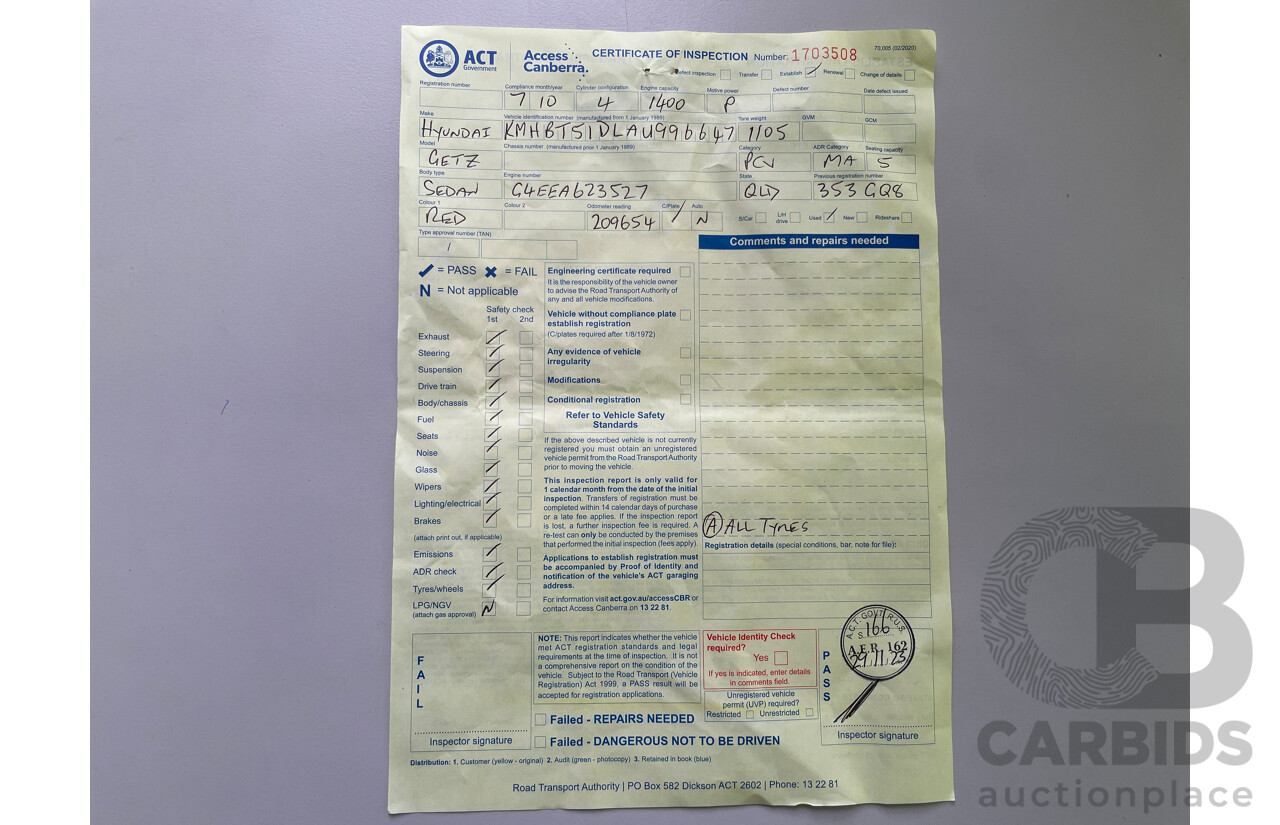 7/2010 Hyundai Getz S TB MY09 5d Hatchback Red 1.4L