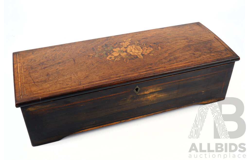 Antique Music Box with Brass Cylinder and Floral Marquetry and String Inlay Detail to Lid