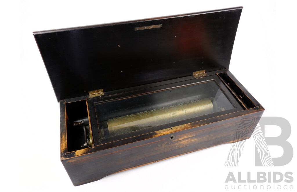 Antique Music Box with Brass Cylinder and Floral Marquetry and String Inlay Detail to Lid