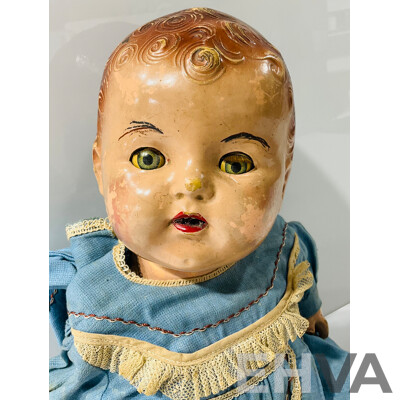 Vintage 1940 Reliable Cuddlekins Doll - All Composition, Jointed Hips, Shoulders and Neck with Blue Metal Eyes, Lashes, Painted Lower Lashes, Brown Molded Curls, Open Mouth Showing Two Teeth, Dimple on Chin,