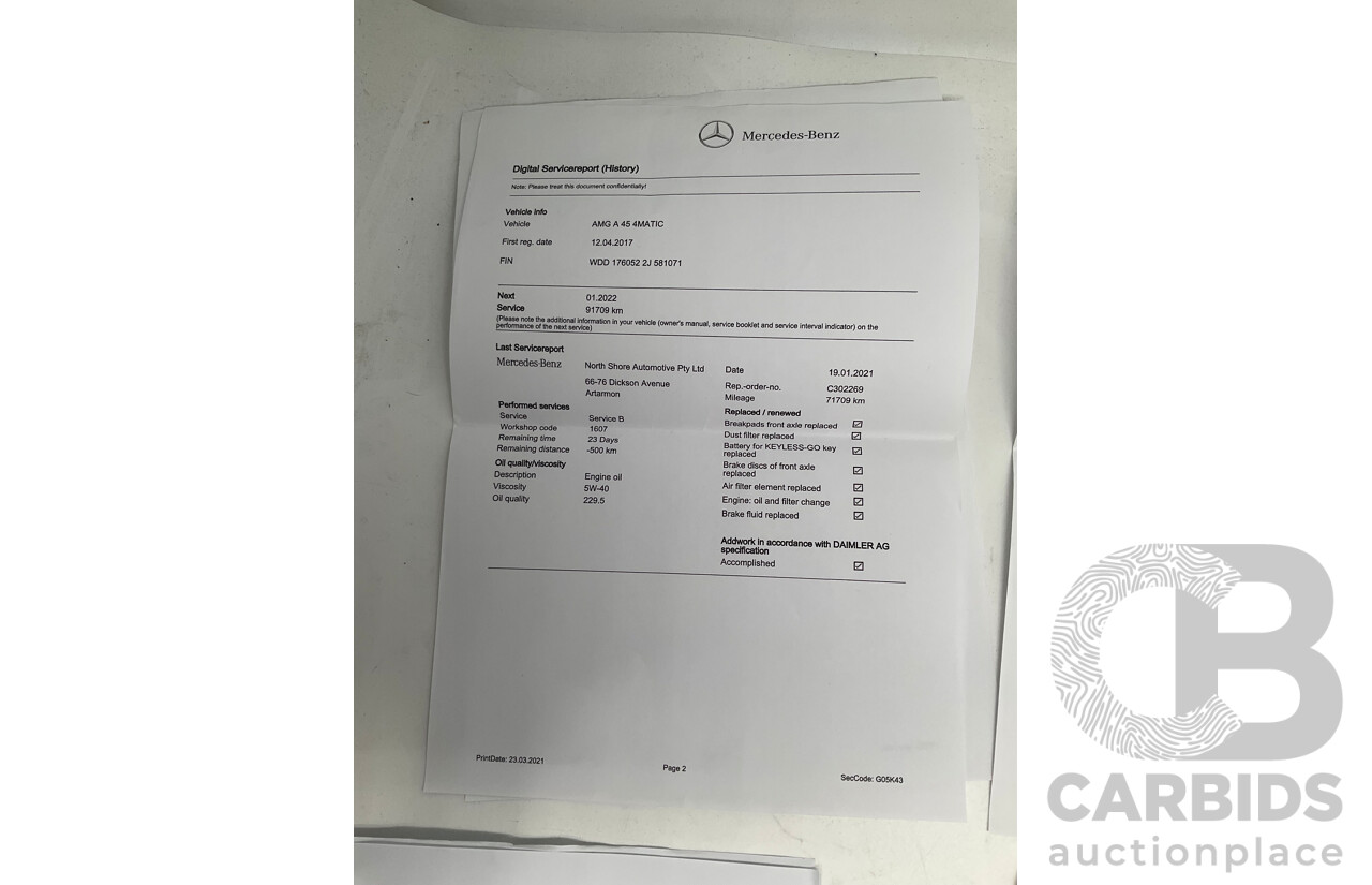 03/2017 Mercedes Benz A45 AMG (AWD) 176 4d Hatchback White Turbo 2.0L