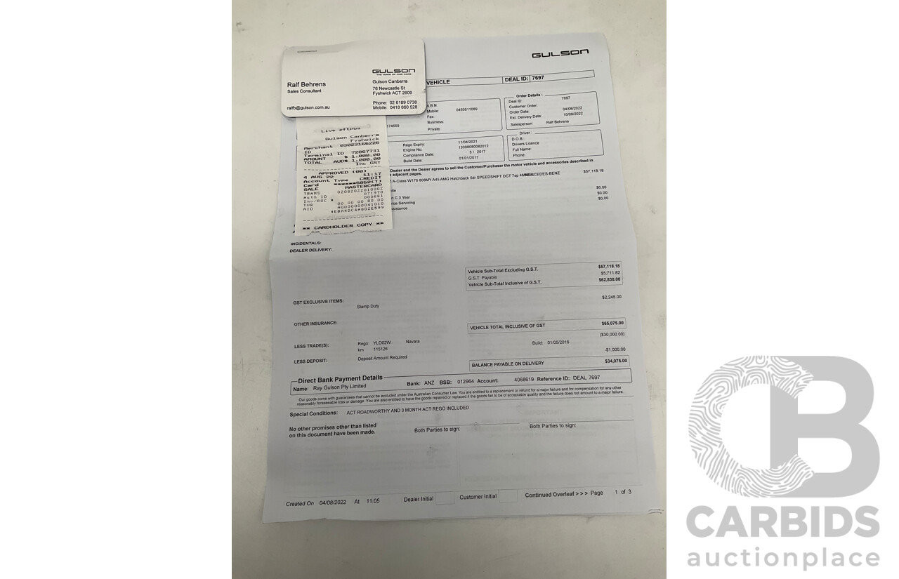 03/2017 Mercedes Benz A45 AMG (AWD) 176 4d Hatchback White Turbo 2.0L