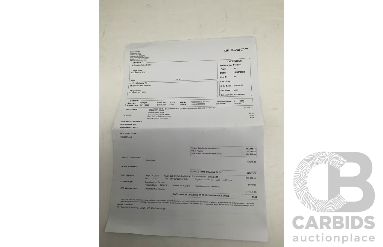 03/2017 Mercedes Benz A45 AMG (AWD) 176 4d Hatchback White Turbo 2.0L