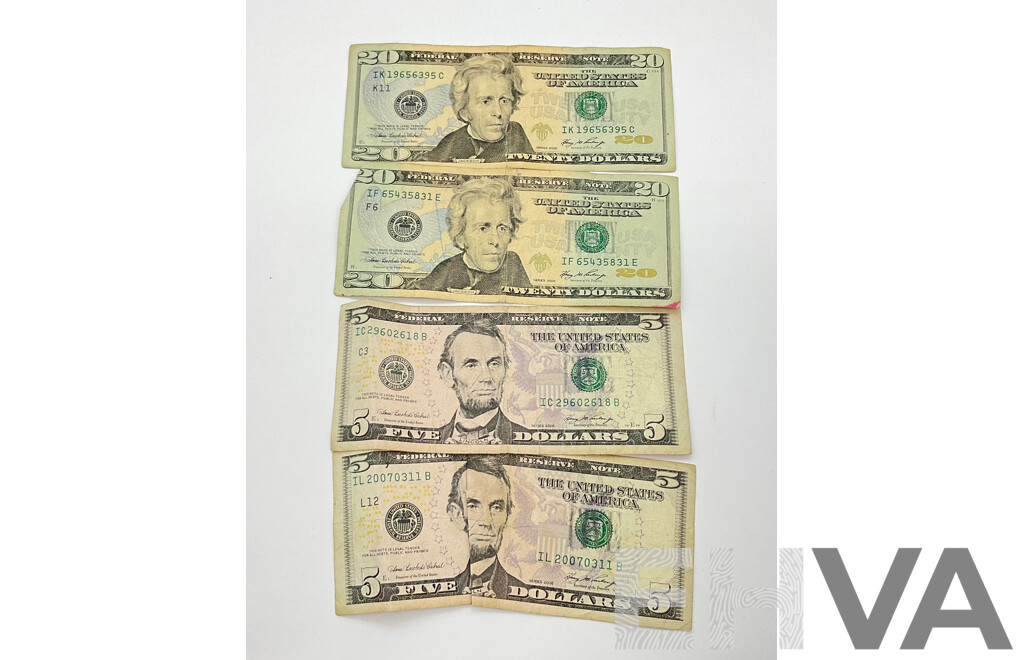 Collection of Four USA Bank Notes, All Federal Reserve System, All 2006 Five Dollar (2) Twenty Dollar (2)