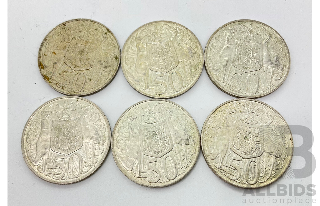 Australian 1966 Round Fifty Cent Coins .800 Silver(6)