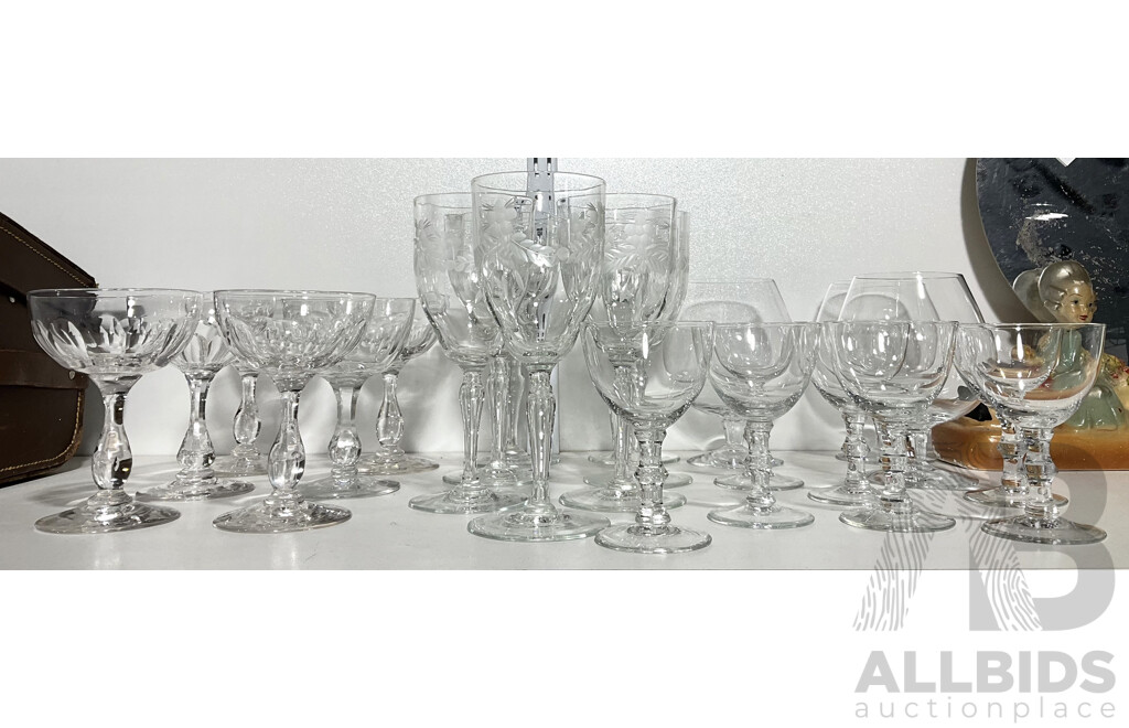 Collection Vintage Crystal Stemware Including Set Seven Wine Glasses with Etched Grape Motif Detail