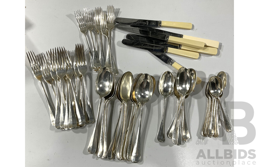 Vintage 51 Piece Mappin Brothers Silver Plate Flatwear Set with Six Non Matching Butter Knives with Faux Bone Handles