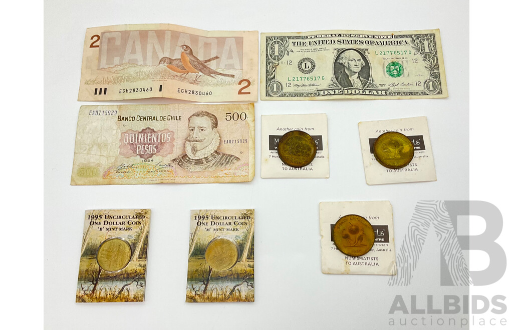 Australian RAM Carded B and M Mint Marked One Dollar Coins(2), USA 1993 San Fransisco One Dollar Note, Canada Two Dollar Note, Chile 500 Peso Note and Three M.R Roberts Commemorative Medals Including 1980 and 1981 Numistic Symposium and Albert Namatjira