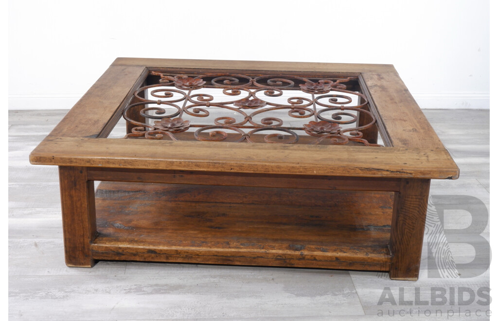 Large Gum Coffee Table with Iron Scroll and Floral Center Piece