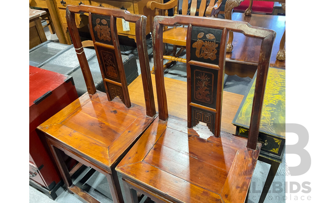 Two Antique Chinese Elm Chairs with Back Carvings