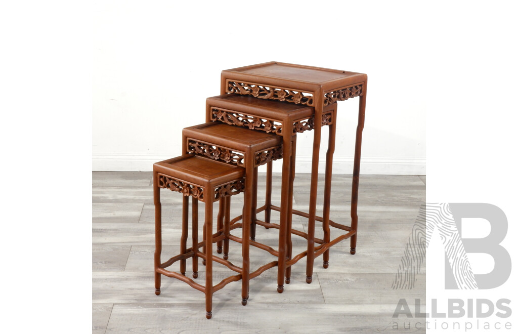 Set of Four Vintage Chinese Nesting Tables with Carved Bird and Flowers