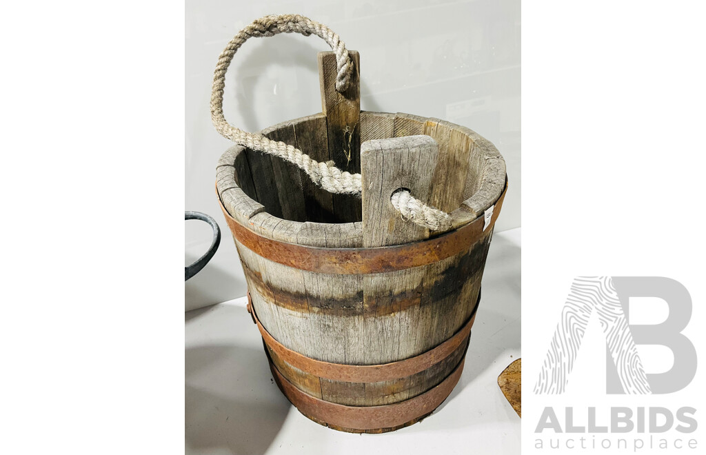 Collection of Vintage Farming Hand Tools Including Bail Hooks Beveridge Coopers Wooden Pail, A.W. Wills Sickle and More