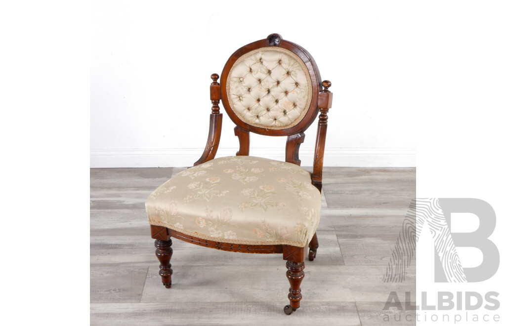 Antique Nursing Chair with Carved Cedar Frame and Floral Upholstery