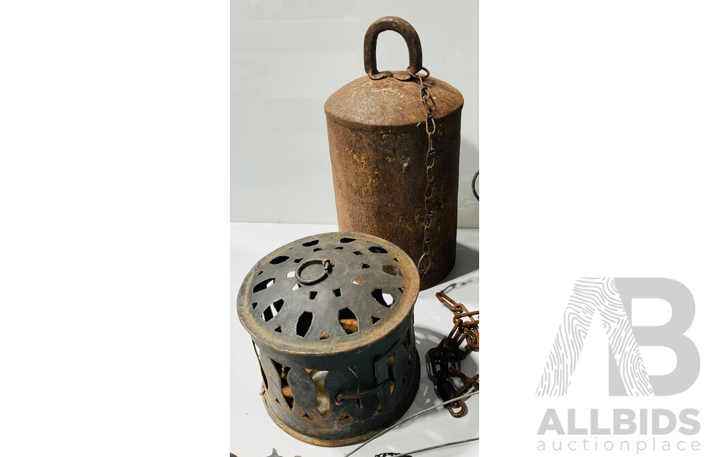 Collection of Vintage Outdoor Hangers Including Cast Iron Candle Holders, Cow Bell, Bird Feeder and Wind Chimes