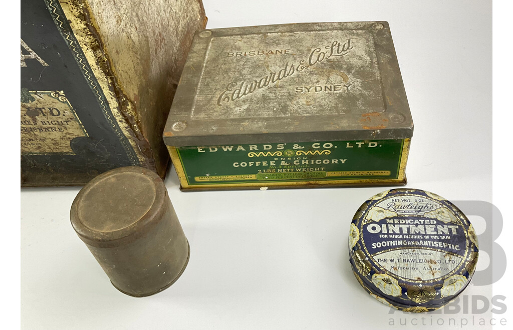 Collection of Vintage Australian Tins Including Edwards & Co Australia’s Men Ensign Tea, Pure Cocoa Essence, Coffee and Chicory and Rawleighs Medicated Ointment