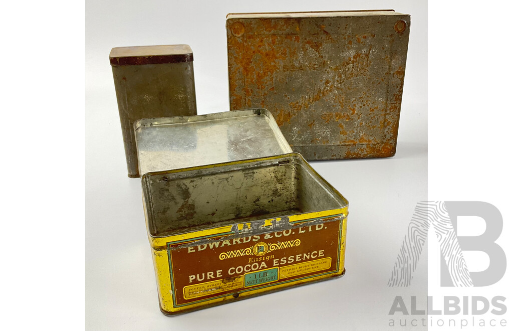 Collection of Vintage Australian Tins Including Edwards & Co Australia’s Men Ensign Tea, Pure Cocoa Essence, Coffee and Chicory and Rawleighs Medicated Ointment