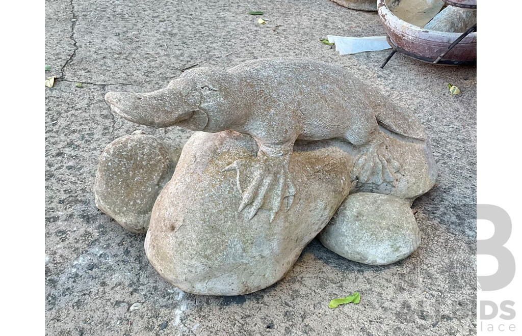 Vintage Concrete Garden Ornament Platypus and Lizard on Rocks
