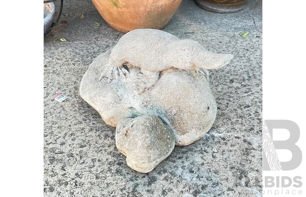 Vintage Concrete Garden Ornament Platypus and Lizard on Rocks