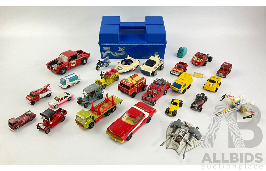 Collection of Diecast Vehicles Including Matchbox Super Kings, Corgi Starsky and Hutch Torino, Buddy L, Matchbox Carry Case, Kenner 1980 Star Wars Snowspeeder and X -Wing