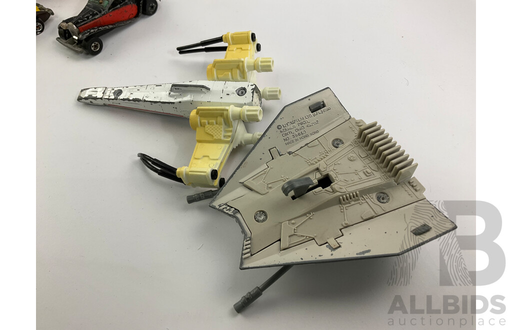 Collection of Diecast Vehicles Including Matchbox Super Kings, Corgi Starsky and Hutch Torino, Buddy L, Matchbox Carry Case, Kenner 1980 Star Wars Snowspeeder and X -Wing