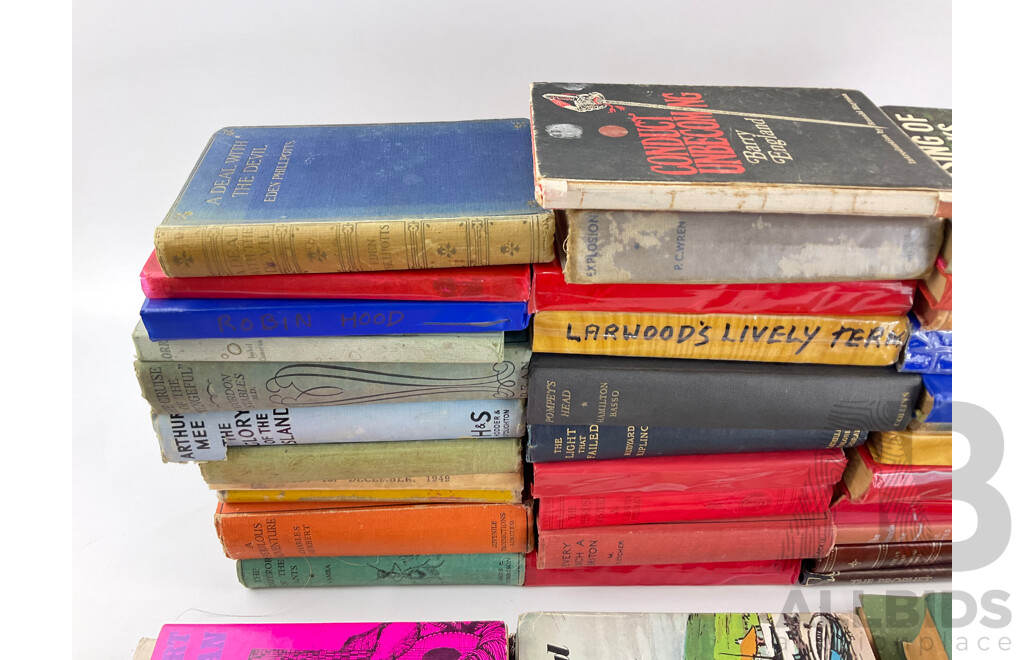 Collection of Vintage and Antique Hard Cover Books Including Robin Hood, a Perilous Adventure, the Light That Failed, a Deal with the Devil, M'Glusky, Please Don't Eat the Daisies, Treasure Island, First Editions.....