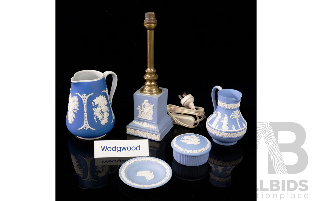 Collection of Jasperware and Dudson Hanley Pieces Including Lamp, Jugs, Trinket Bowl, Australian Dish and Sign