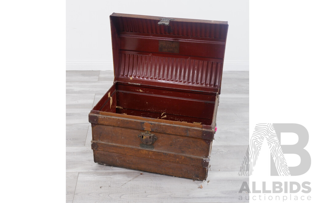 Antique Jones Bros & Co Wolverhampton Steel Travel Trunk with Corrugated Top