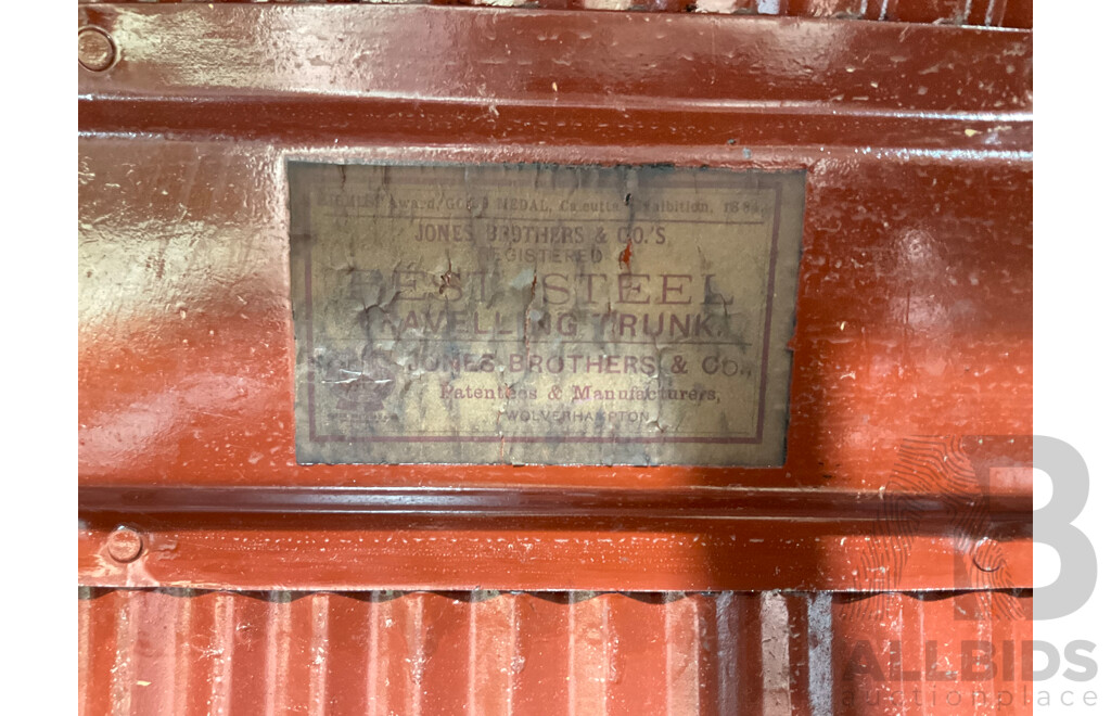 Antique Jones Bros & Co Wolverhampton Steel Travel Trunk with Corrugated Top