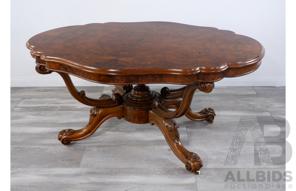 Mid 19th Century Serpentine Walnut Table with Scroll Carved Base